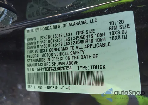 2020 Honda Ridgeline Black Edition из США, поврежденный, VIN 5FPYK3F82LB026754